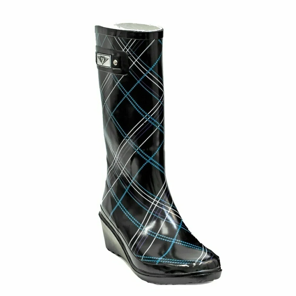 Women's Rainboots, Tall Wedge Rain Boots, #3100, Blue Plaid